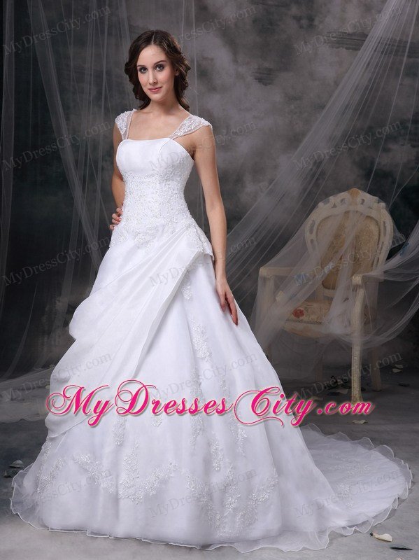 Square Train Satin and Organza Embriodery Decorated Wedding Dress